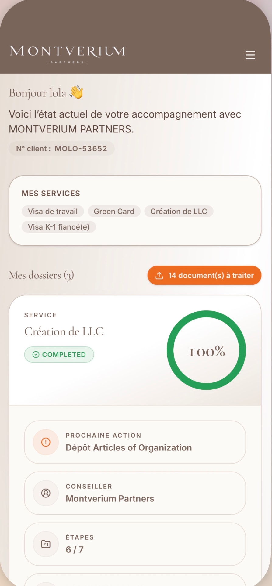 Portail client Montverium Partners sur mobile